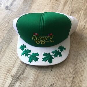 Husky Oil Vintage Trucker Hat Green & White w/ Foam Back - Mesh Snap Back Cap